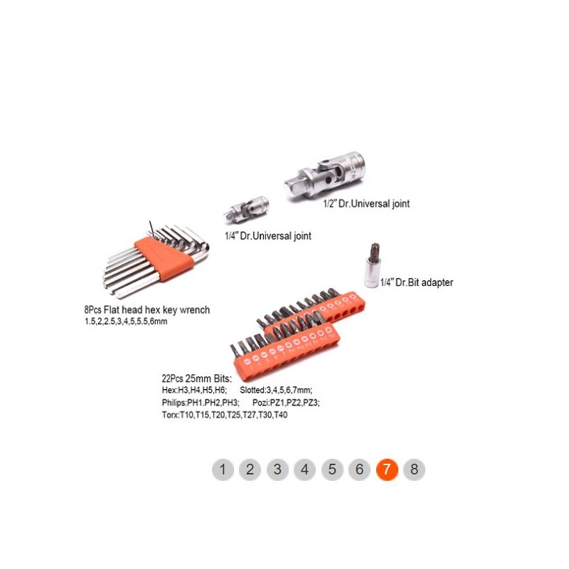Tools box, wrenches and sockets (1/2" 1/4"), 77 pieces